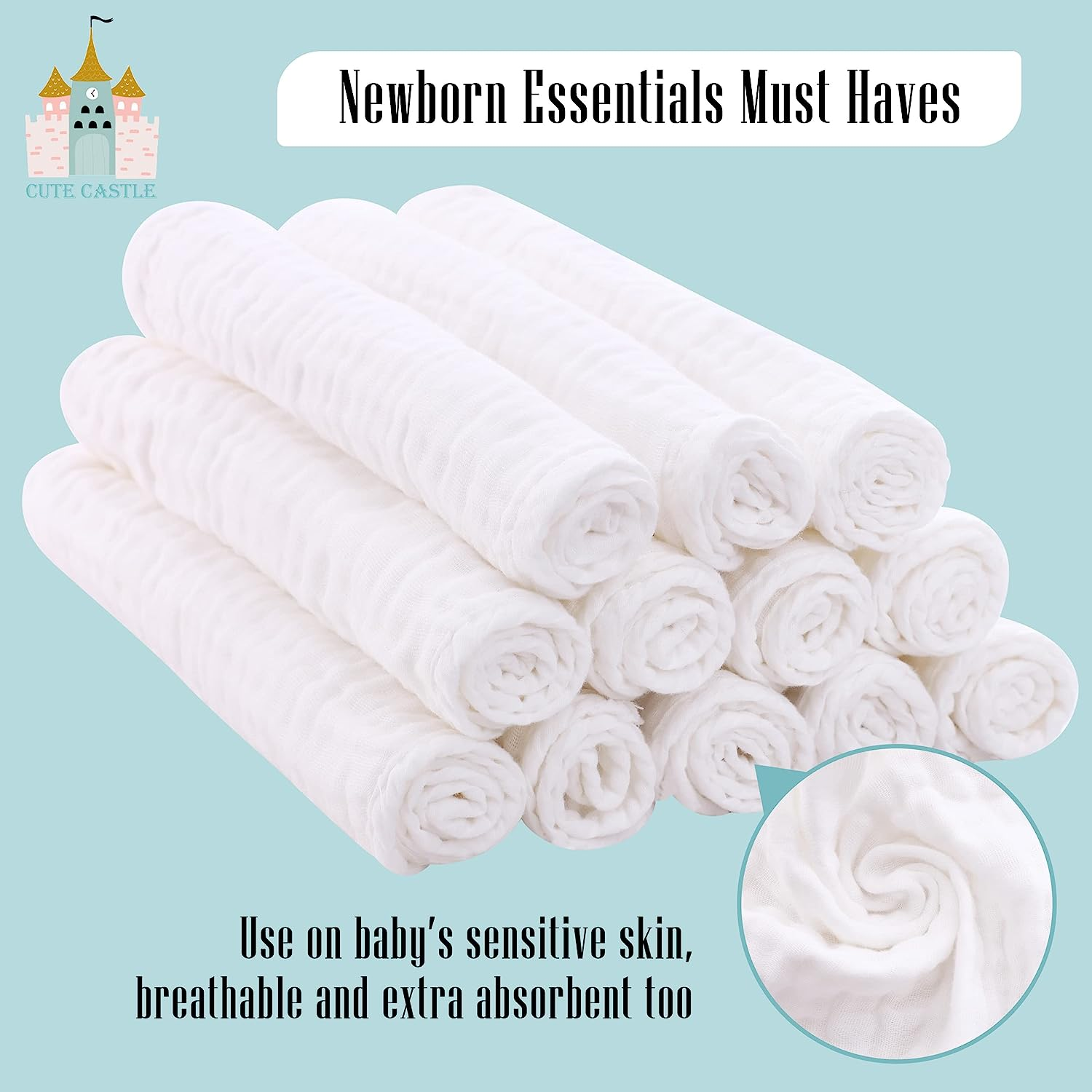 Cute Castle 12 Pack Muslin Burp Cloths for Baby - Ultra-Soft 100% Cotton Baby Washcloths - Large 20'' by 10'' Super Absorbent Milk Spit up Rags - Burpy Cloths for Unisex, Boy, Girl - White image number 2