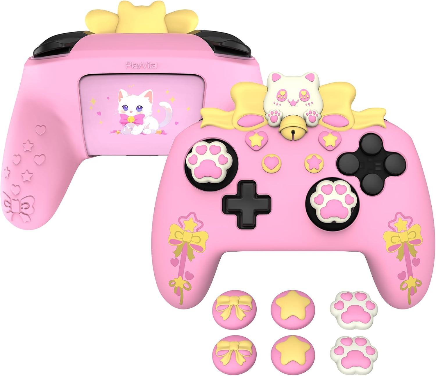 Playvital Sweetheart Kitty Silicone Skin Compatible with Nintendo Switch Pro Controller Kawaii Anti-Slip Cover, Switch Pro Controller Joystick Grips & Protective Silicone Case - Pink