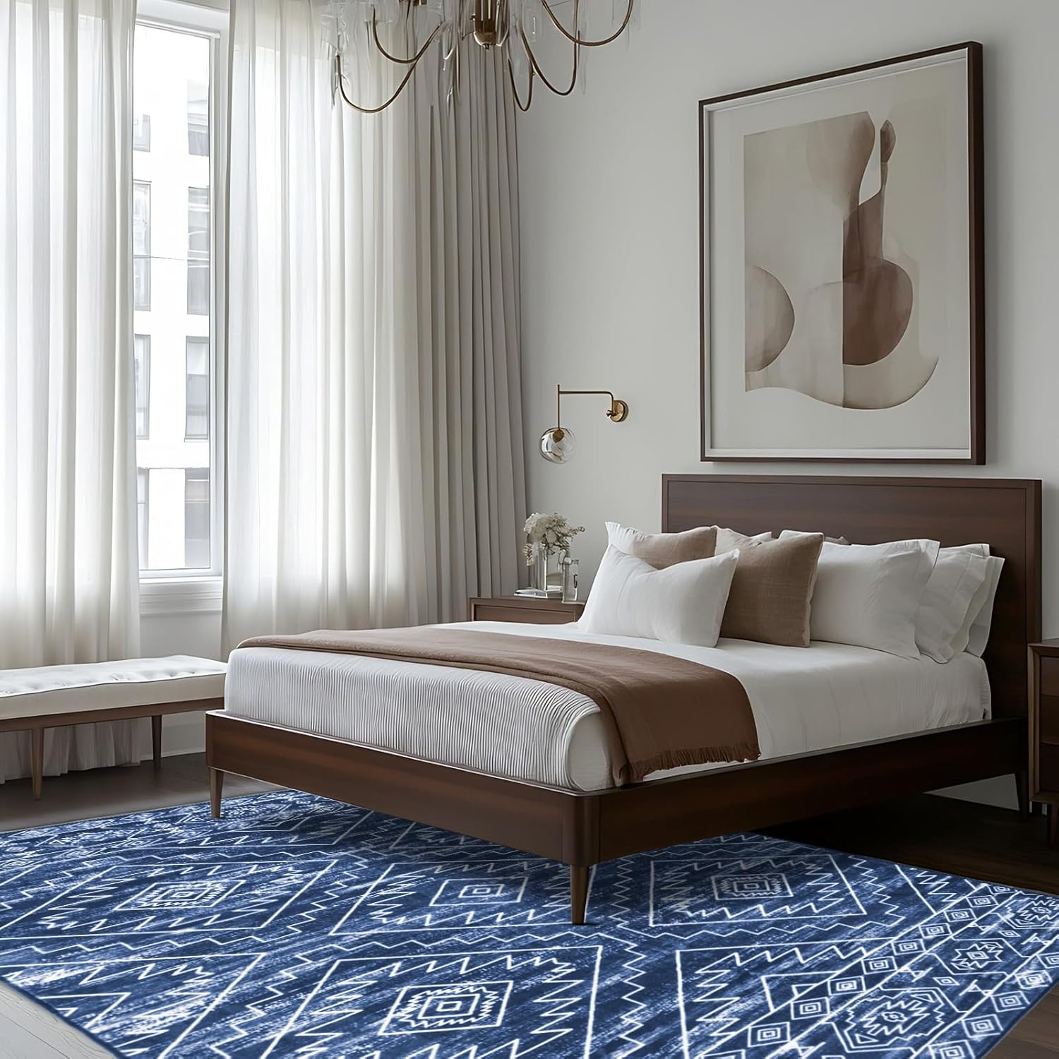 MOSISO 4X6 Area Rug for Living Room, Washable Area Rug, Soft Geometric Rhombus Low Pile Indoor Floor Carpet, Faux Wool Rectangular Non Slip Carpet for Living Room Bedroom Dining Home Office, Blue image number 1