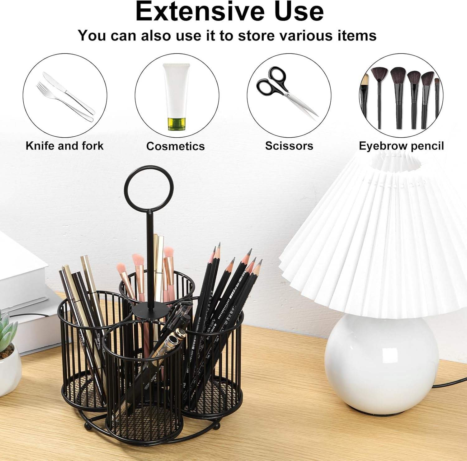 360&deg; Rotating Metal Utensil Caddy 4 Compartment Silverware Caddy Cutlery Caddy Fork Spoon Knife Utensil Organizer Multifunctional Utensil Holder for Parties Desk Organizer Caddy Pen Pencil Holder - Champagne Gold image number 4