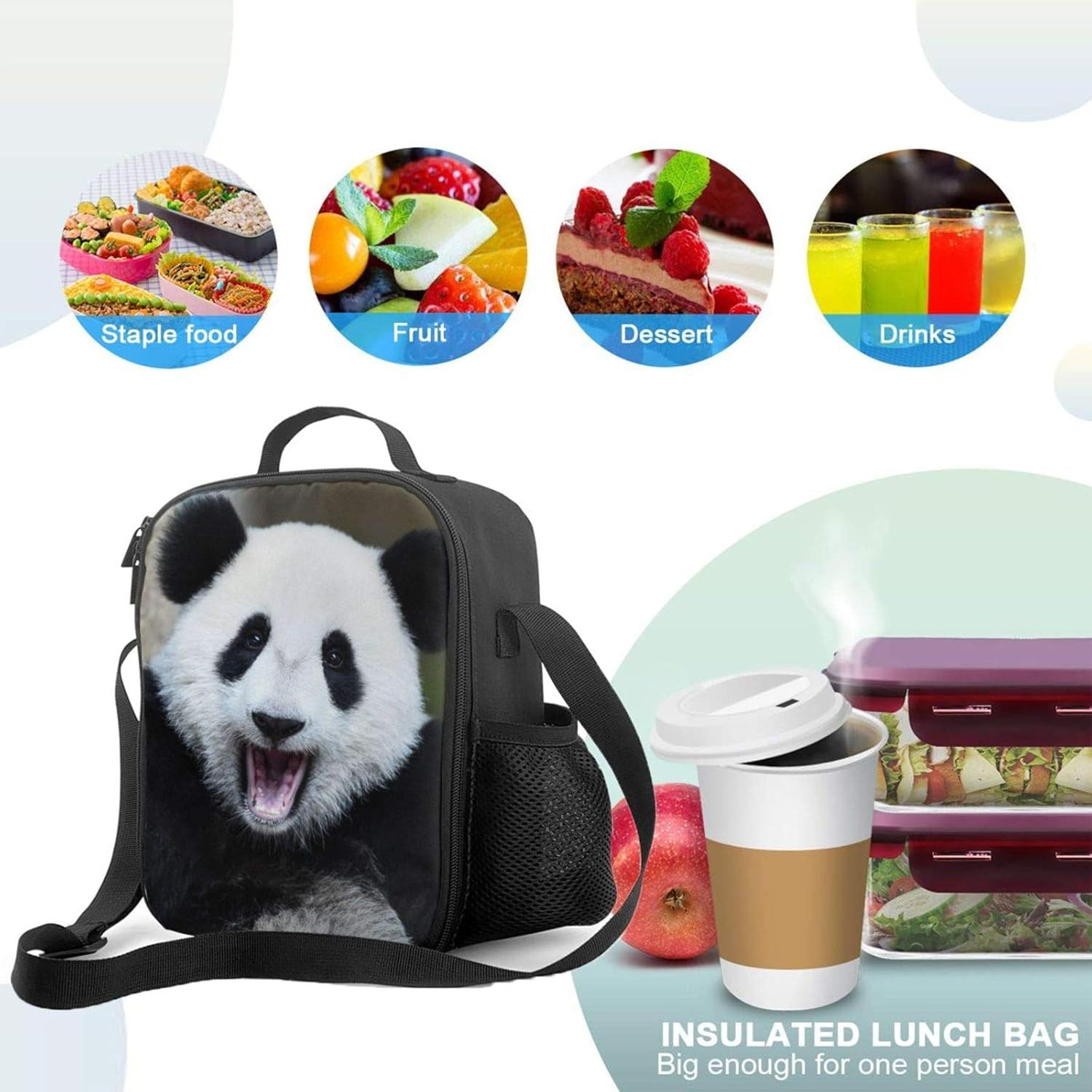 Prelerdiy Panda Lunch Box - Insulated Lunch Box for Kids Funny 3D Design with Side Pocket & Shoulder Strap Lunch Bag Perfect for School/Camping/Hiking/Picnic/Beach/Travel