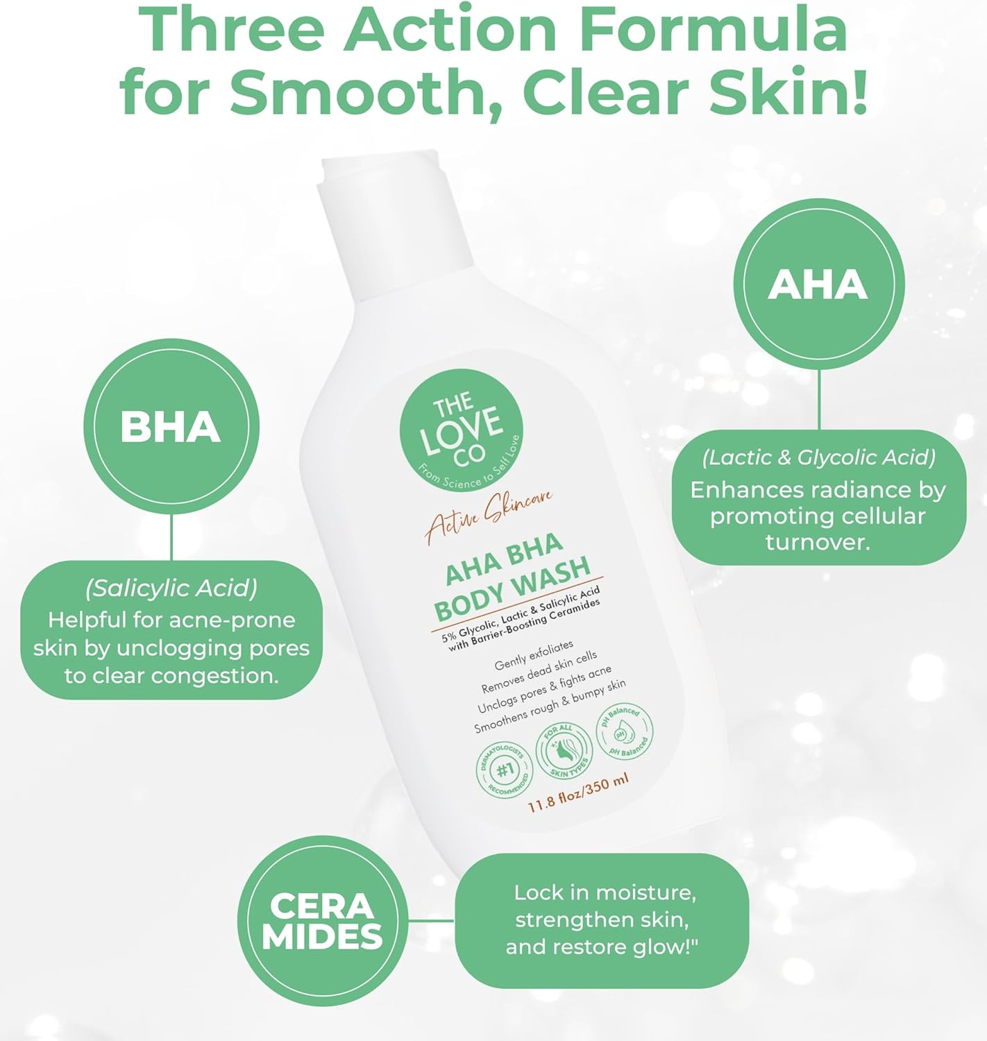 THE LOVE CO. AHA BHA Body Wash | 5% Glycolic, Lactic & Salicylic Acid | Gently Exfoliates, Fights Acne & Unclogs Pores | with Barrier-Boosting Ceramides | Sulphate-Free | Unisex | 350Ml image number 2