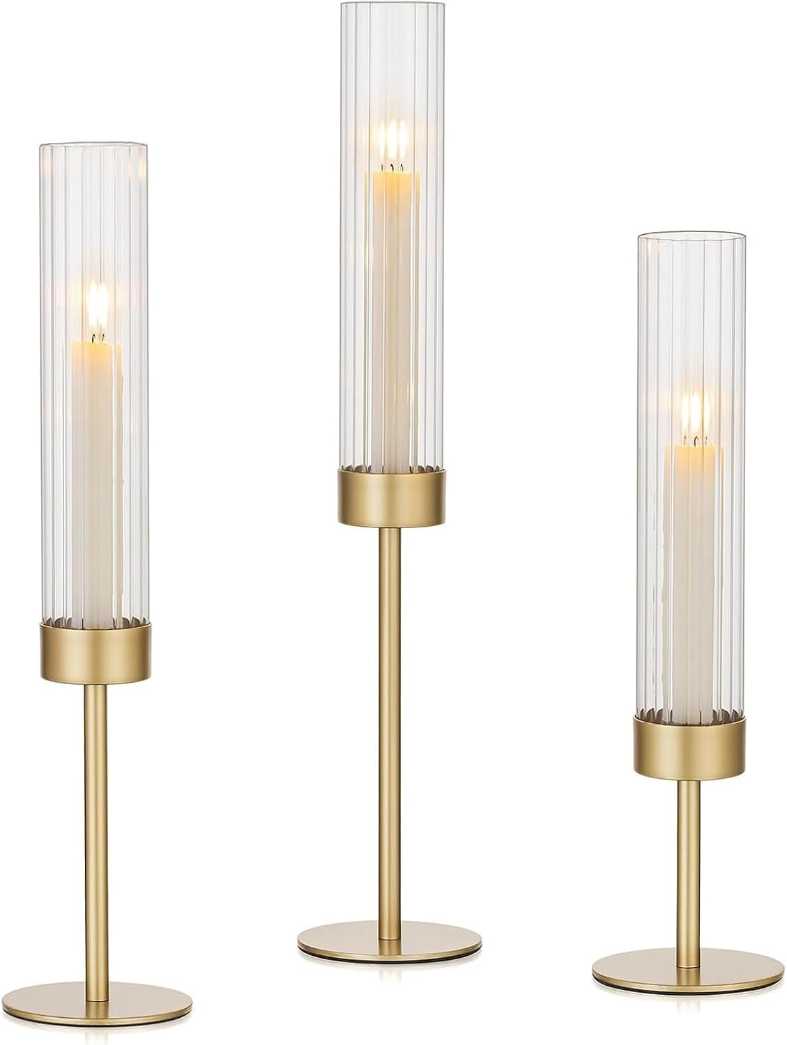 3Pcs Gold-Finished Hurricane Candle Holders Set - Glass & Brass Taper Candle Holders for Weddings, Christmas, Home Table Decor image number 5