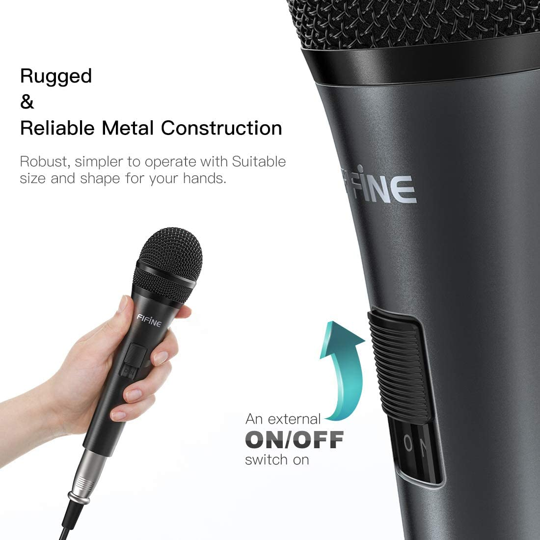Fifine Karaoke Microphone, Dynamic Vocal Microphone for Speaker, 6.35MM Wired Handheld Mic with on and off Switch And14.8Ft Detachable Cable-K6 image number 4