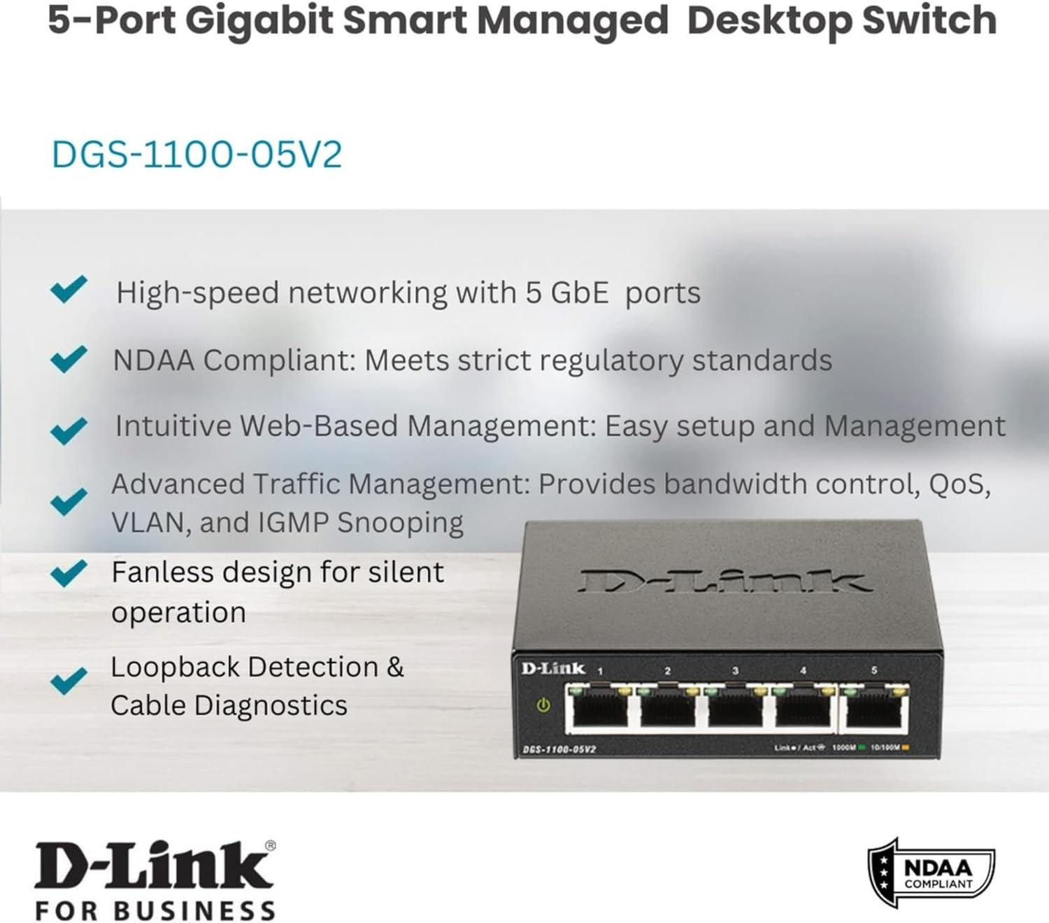 D-Link 5-Port Gigabit Easy Smart Managed Network Switch (DGS-1100-05V2) with 10/100/1000BASE-T Ports, VLAN, Bandwidth Control, Qos Ethernet Switch, High-Speed Network Switches for Home & Office. image number 3