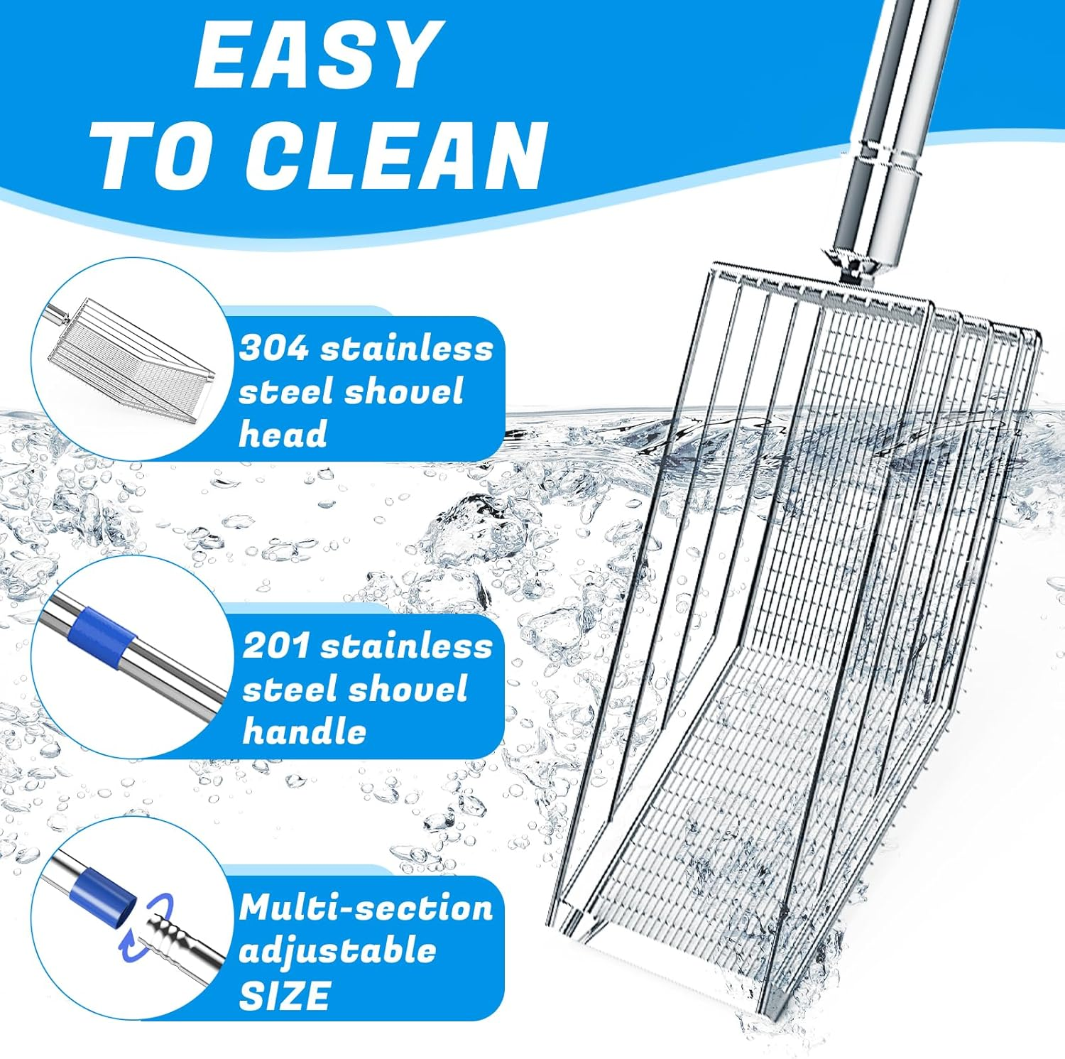 Stainless Steel Chicken Poop Scooper with 4-In-1 Adjustable Handle (20" to 49") &ndash; 304 Stainless Steel Shovel Head for Chicken Coop Cleaning, Pet Waste Removal, and Multifunctional Litter Sifting image number 4