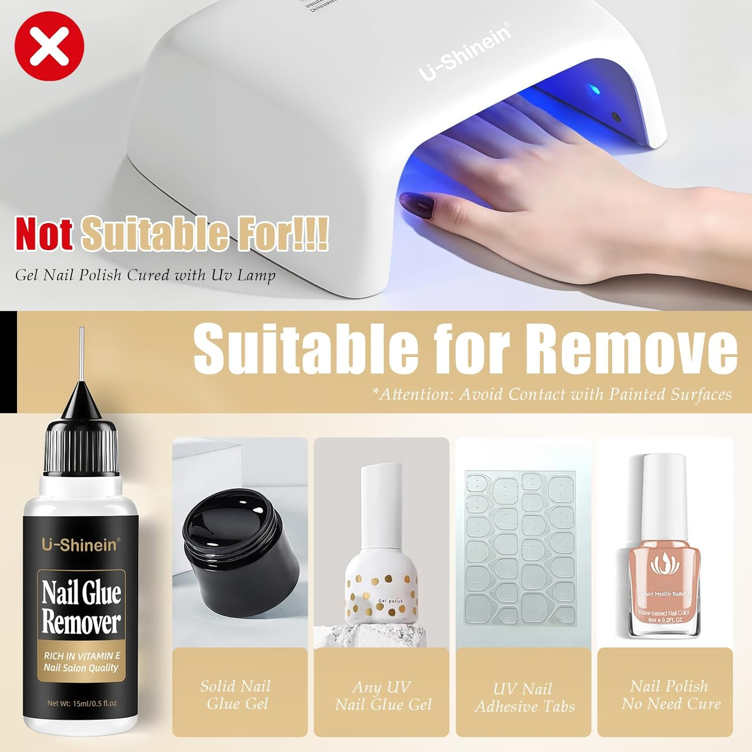 U-Shinein Pinpoint Nail Glue Remover for Press On, Odorless & Non-Acetone Nail Polish Remover,Gentle and Quick Multi-Functional Gel Polish Remover with High Vitamin E for Press on Nails image number 2