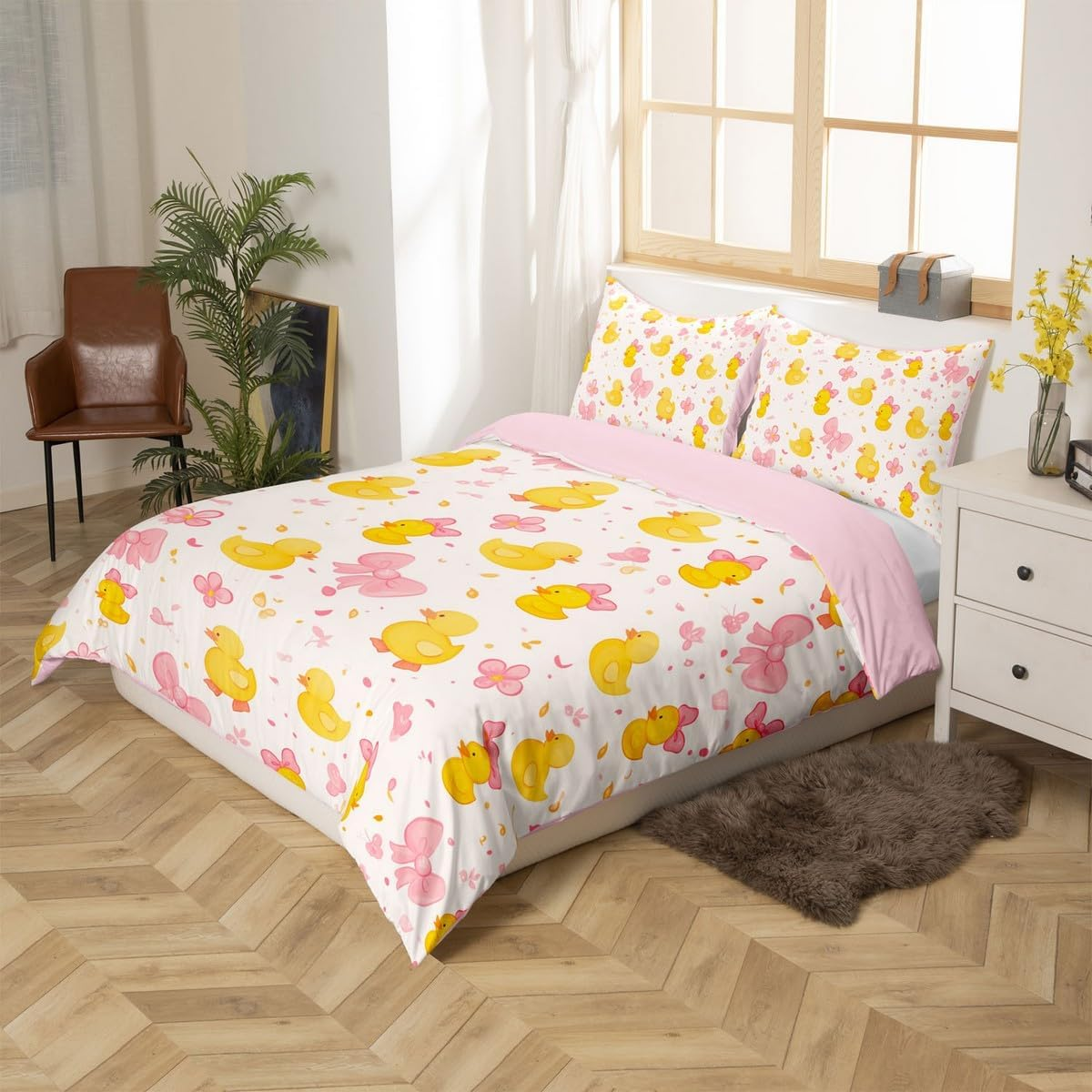 Homewish Cute Yellow Cartoon Duck Bedding Set 135 X 200 Cm Pink Bowknot Duvet Cover for Children Girls Bow Tie Comforter Cover, Floral Butterfly Knot Bed Set with 1 Pillowcase, Yellow Pink image number 4