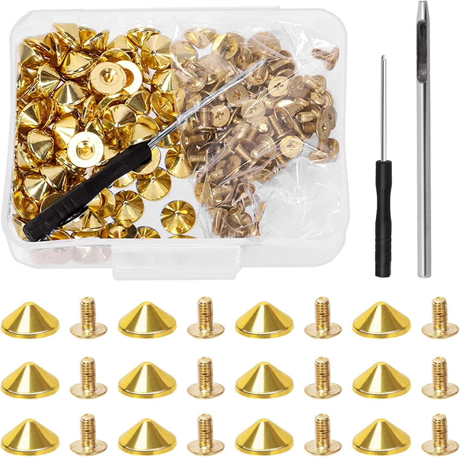 Tanstic 100 Sets(202Pcs) Bronze Cone Spikes and Studs Kit, 10 X 4.7Mm Metal Spikes and Studs Bullet Cone Spikes Studs Screw Back Punk Studs with Installation Tools for Leather Craft