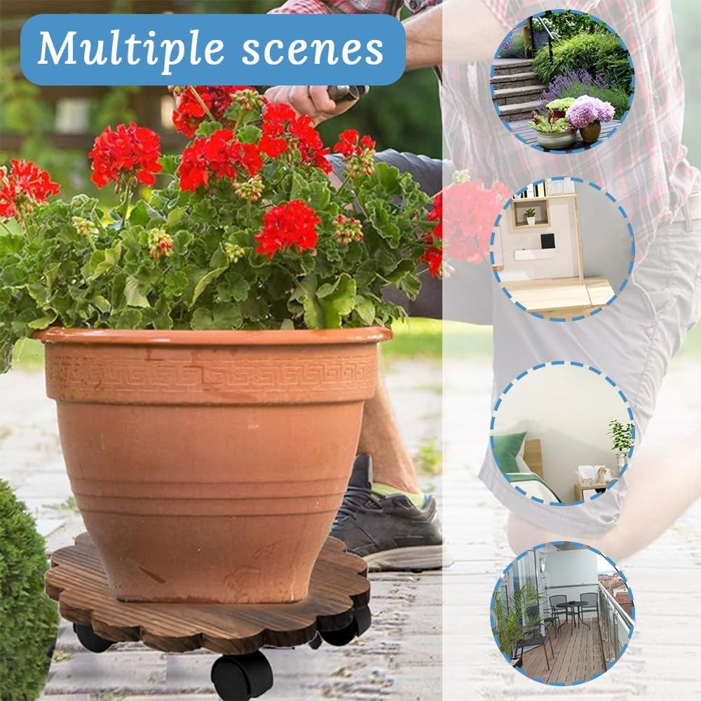 GUDAJIN 2 Pack Plant Cart, Wooden round Plant Cart, Rolling Plant Stand with 360&deg; Lockable Casters, Wooden Plant Pot Mobile Tray Base for Large Pots, Planters, Patio, Indoor Outdoor image number 5
