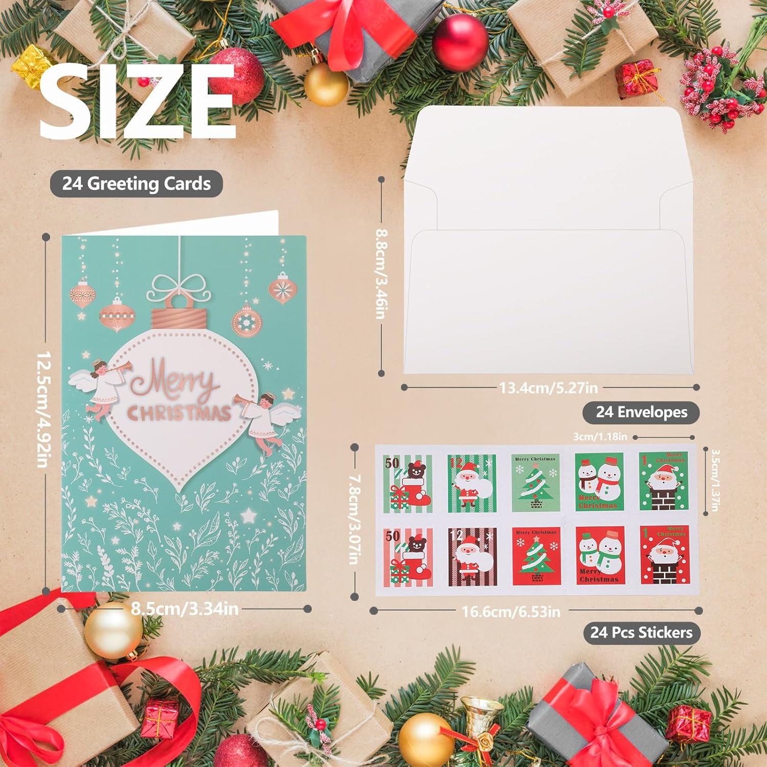 Christmas Cards Assortment 24 PCS, Merry Christmas Greeting Cards with Envelopes and Sealing Stickers, Xmas Blank Note Cards with Santa Claus, Snowman, Christmas Tree for Family Friend image number 4