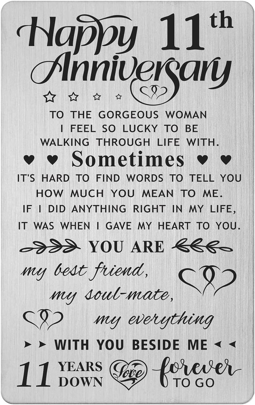 11Th Anniversary Card for Wife, Happy 11 Year Anniversary Card for Her, Metal Engraved Wallet Card image number 3