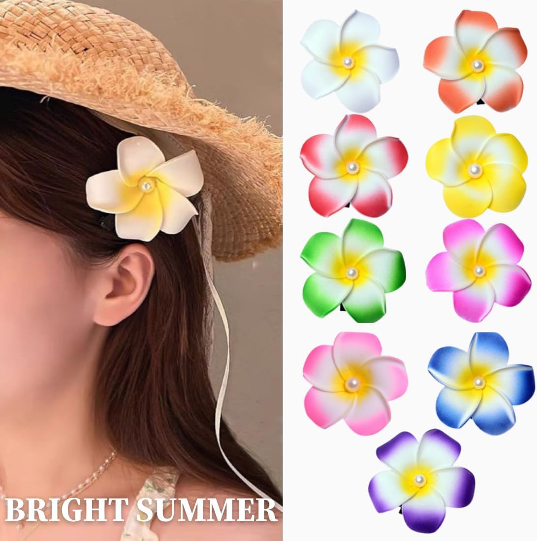 SIRLOMU Set of 9 Hawaiian Plum Tropical Bohemian Women Party Beach Party Flower Hair Clips image number 2