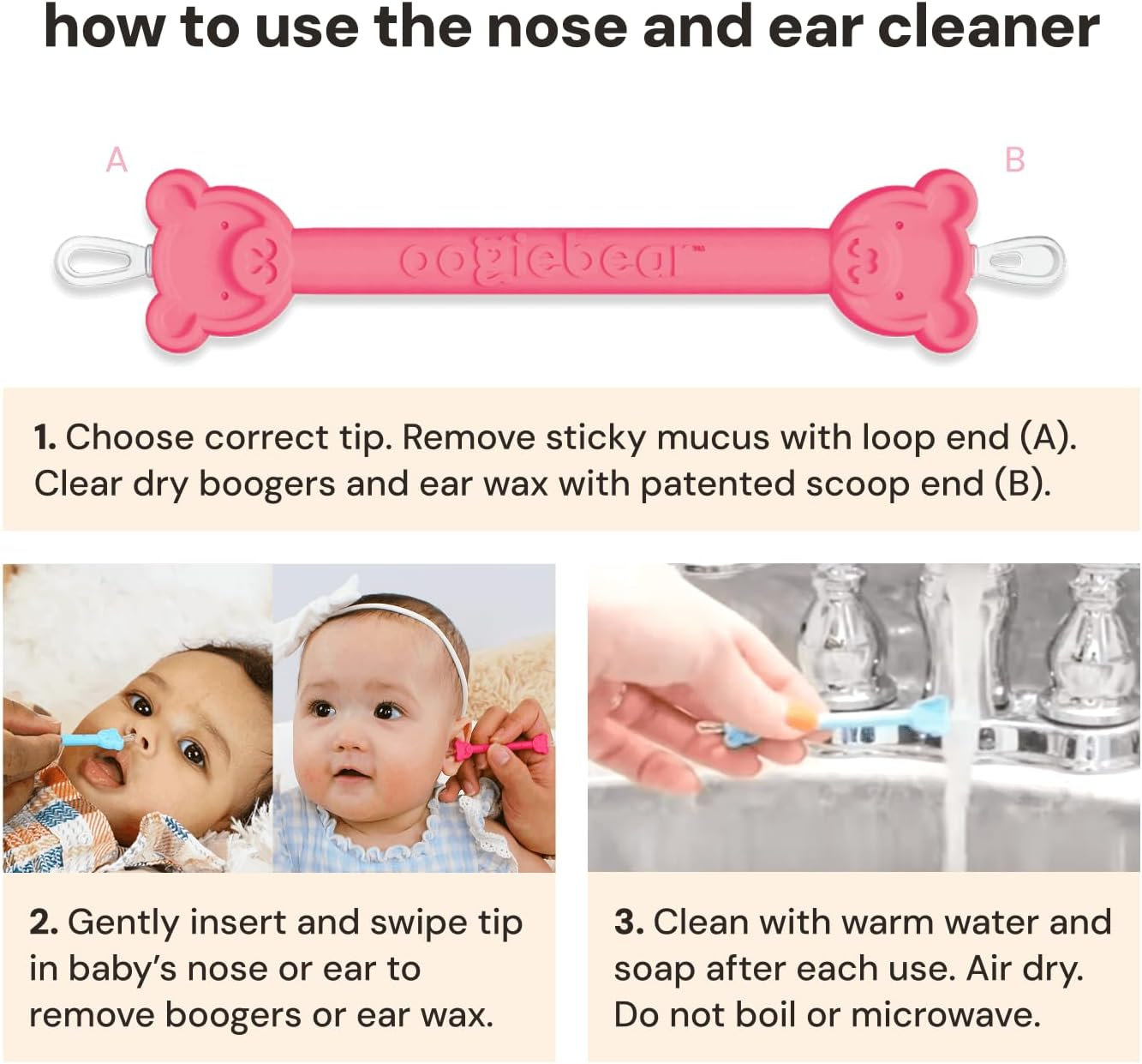 Oogiebear Bear Pair &mdash; the Safe Baby Booger Cleaner and Nose Sucker Duo | Bulb Aspirator and 2-In-1 Nose and Ear Wax Cleaner | Latex and BPA Free - Raspberry image number 6