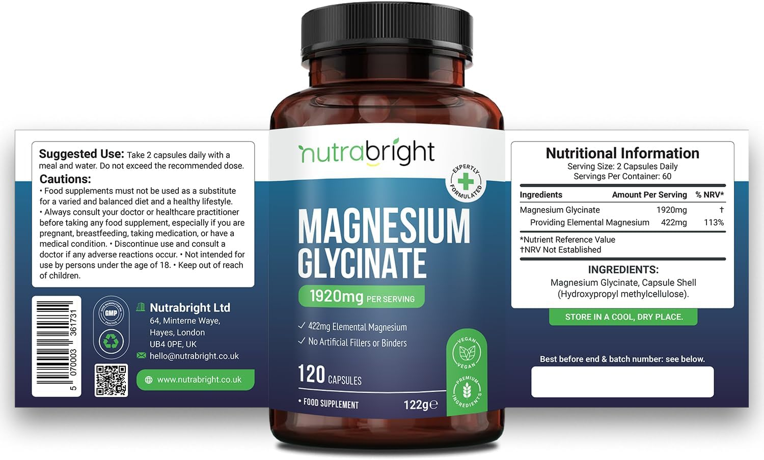 Magnesium Glycinate Supplements 1920Mg - 120 Vegan Capsules | Providing 422Mg Elemental Magnesium (Bisglycinate) | Pure with No Added Artificial Fillers or Binders | Premium Quality by Nutrabright image number 3