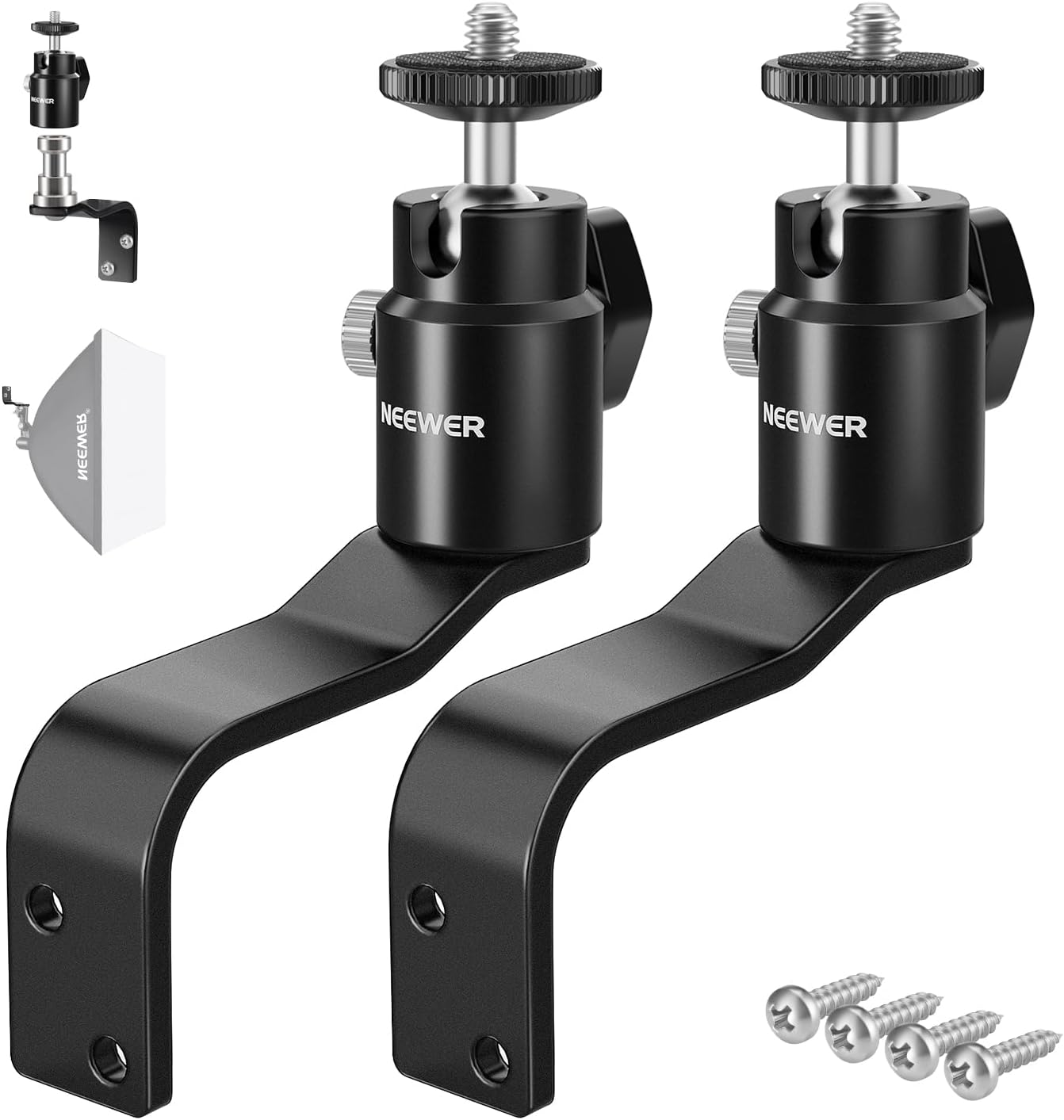 NEEWER 2 Pack E Type Wall Ceiling Mount, Ring Light Wall Mount Bracket with Detachable Ball Head, 5/8" Stud, 1/4" Screw for Flash Strobe Camera Monitor Studio Lighting, Max Load: 4.4Lb/2Kg, TS007