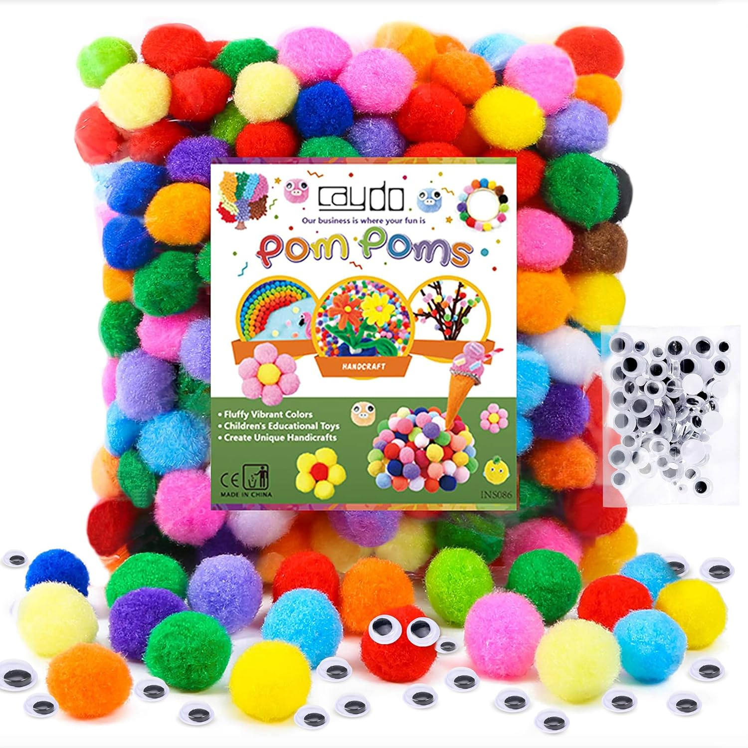 Caydo [400 Pcs] - 300 Pieces 2.5Cm Assorted Pompoms with 100Pieces Wiggle Eyes Multicolor Arts and Crafts Pom Poms Balls for Kids DIY Art Creative Crafts Decorations image number 2