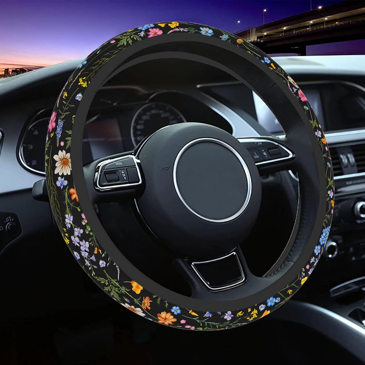 Wildflower Steering Wheel Cover for Women Men, Anti-Slip Breathable and Sweat Absorption Universal 14.5-15 Inch Cute Steering Wheel Protector, Wildflower Floral Car Accessories image number 2