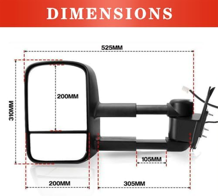 Pair Black Manual Extendable Towing Mirrors Manual Folding Tow Mirrors Electric Upper Flat Mirror (Toyota Hilux 2005-2016 without Indicators) image number 2