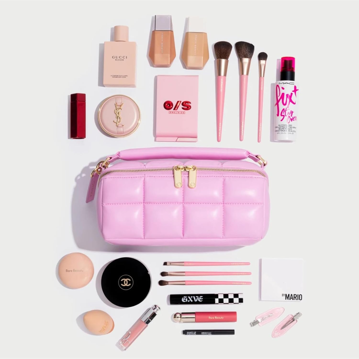 Estetika the Homee Pink Cube Makeup Bag | Award Winning Organizer for Women Large Capacity Travel Case Flat Base, Zip Pockets, Elastic Bands for Beauty Essentials Stylish Storage Pouch 12"L 6"H 5.2"W,