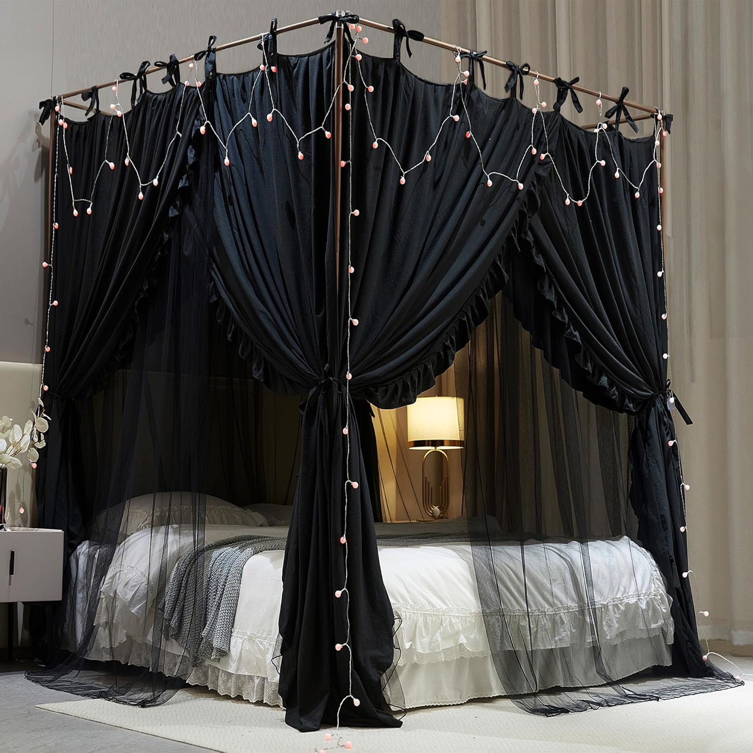 4 Corners Post Princess Curtain Bed Canopy Double Layer Cozy Mosquito Net Mesh and Cloth for Girls Adults Bedroom Decoration (Double-Black/Black, 64" W*82" L*82"*H/(Queen)) image number 3