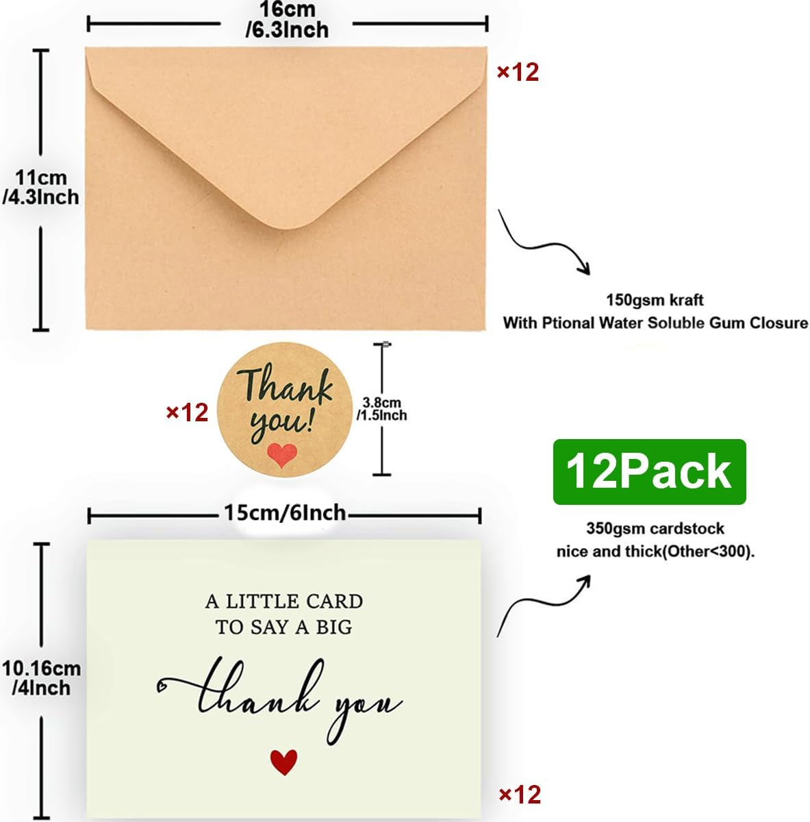 Thank You Cards with Envelopes,Haakhui 12 Packs a Little Card to Say a Big Thank You,Ideal for Wedding Birthday Party Baby & Bridal Showers Graduations Funerals image number 2