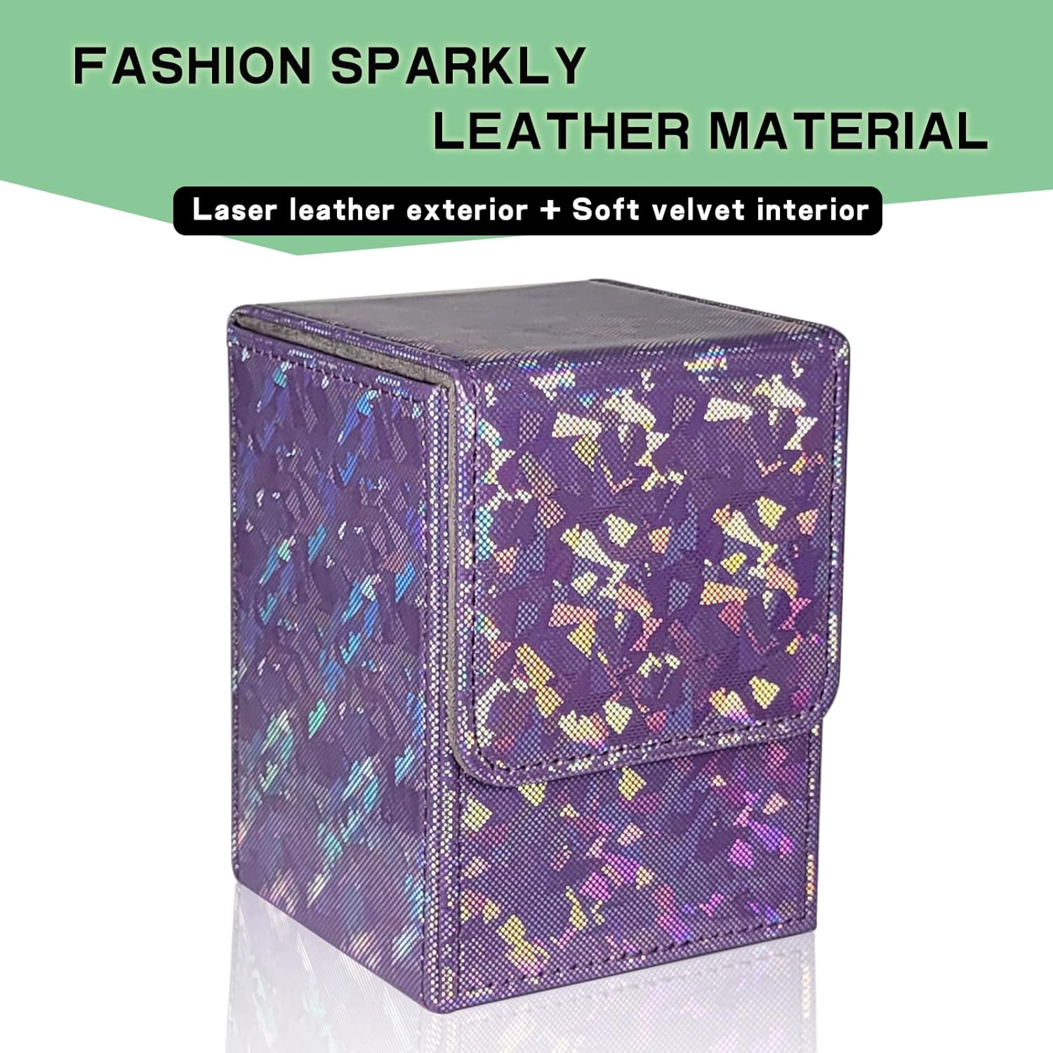 Dmoicols Sparkly Card Deck Box Holds 100+ Single Sleeved Cards,Leather Card Storage Case,Mtg Commander Deck Box with 2 Dividers Fit TCG CCG Magic Cards Vertical (Sparkly Purple Piece) image number 2