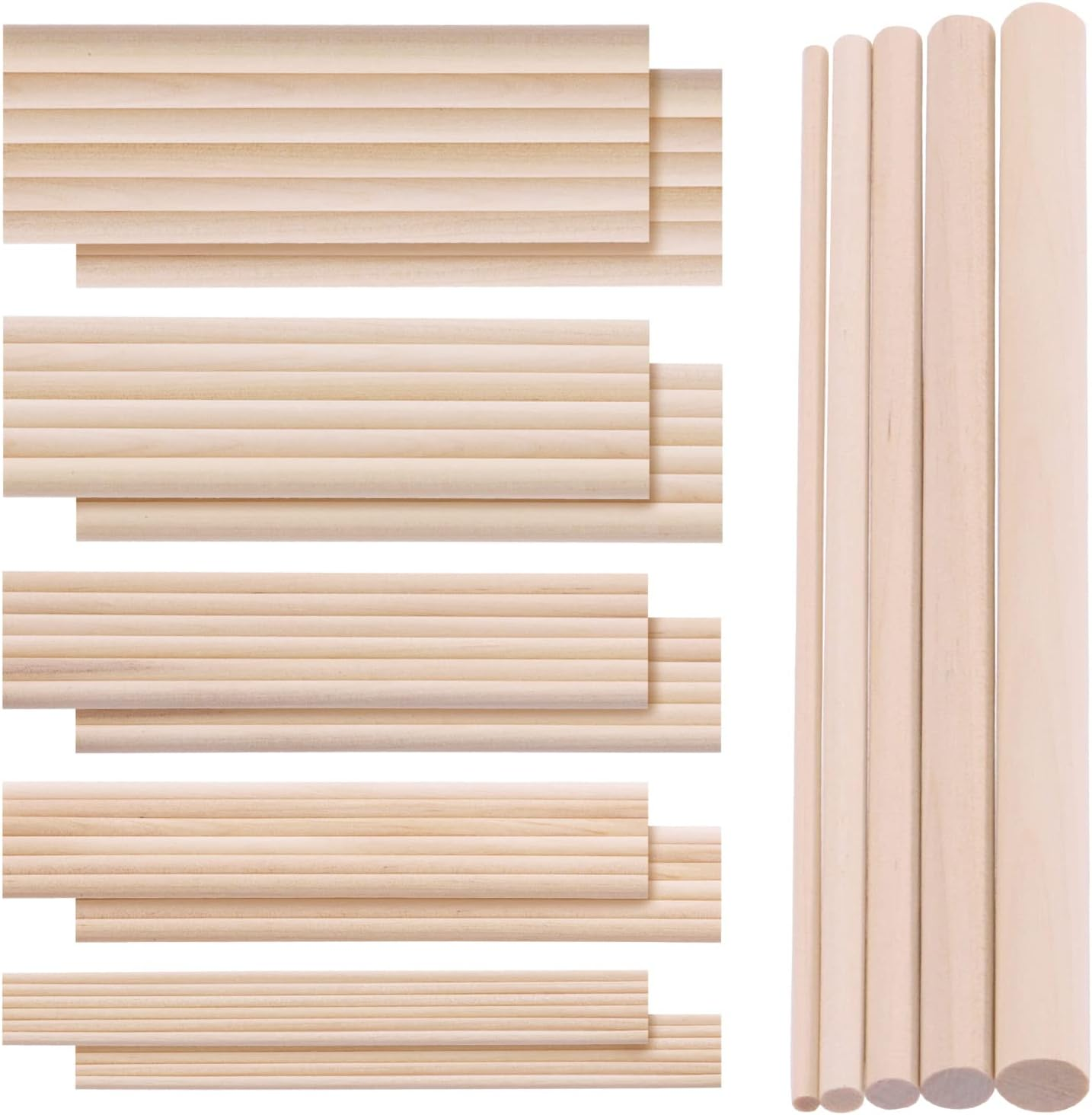 Swpeet 160Pcs OD 1/8" 3/16" 1/4" 5/16" 3/8" Length 6Inch/150Mm Wooden Dowel Rods Craft Wood Sticks Assortment Kit, Unfinished Dowel Small round Hardwood Sticks image number 5