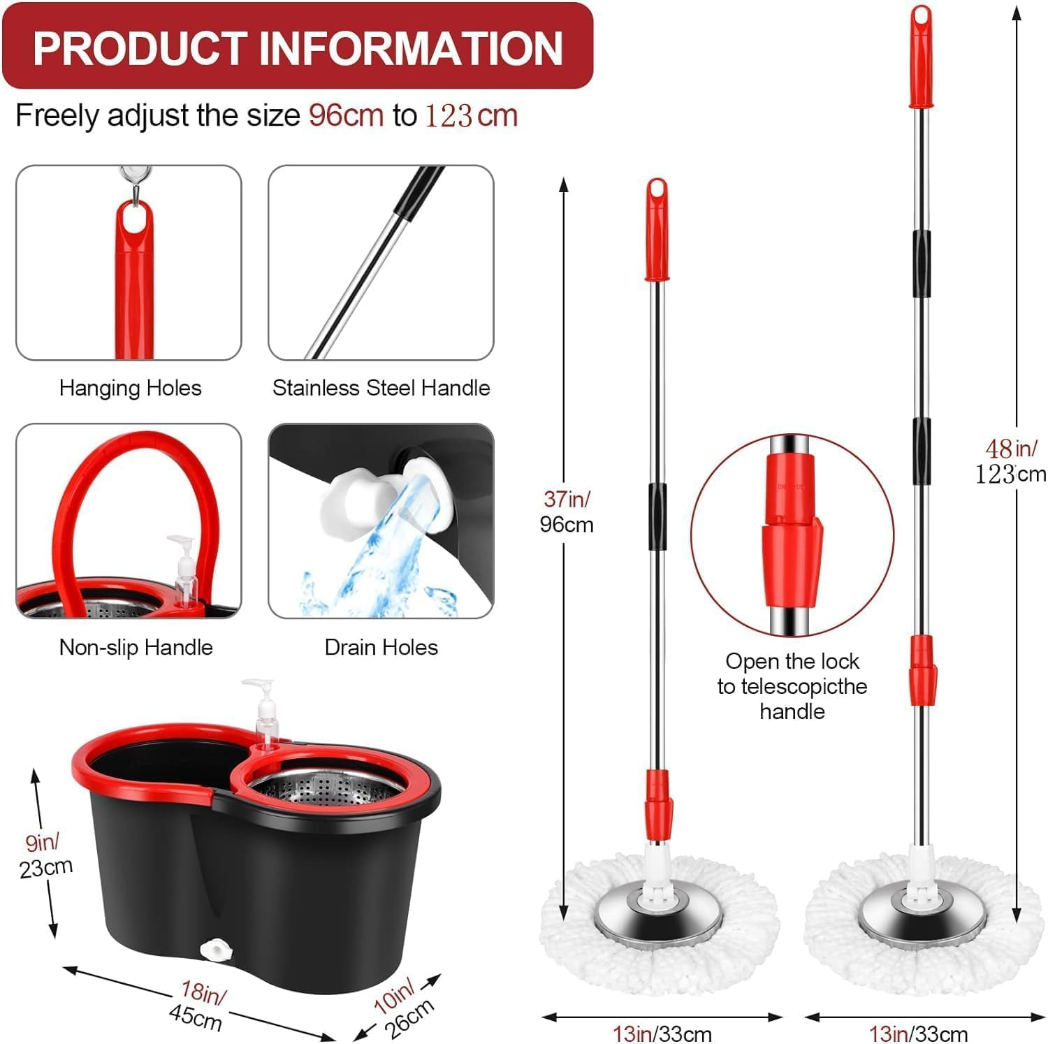 Mop and Bucket with Wringer Set, 360&deg; Spinning Mop Bucket System with 5 Microfiber Mop Replacement Heads and Stainless Steel Adjustable Handle for Floor Cleaning,Black image number 2