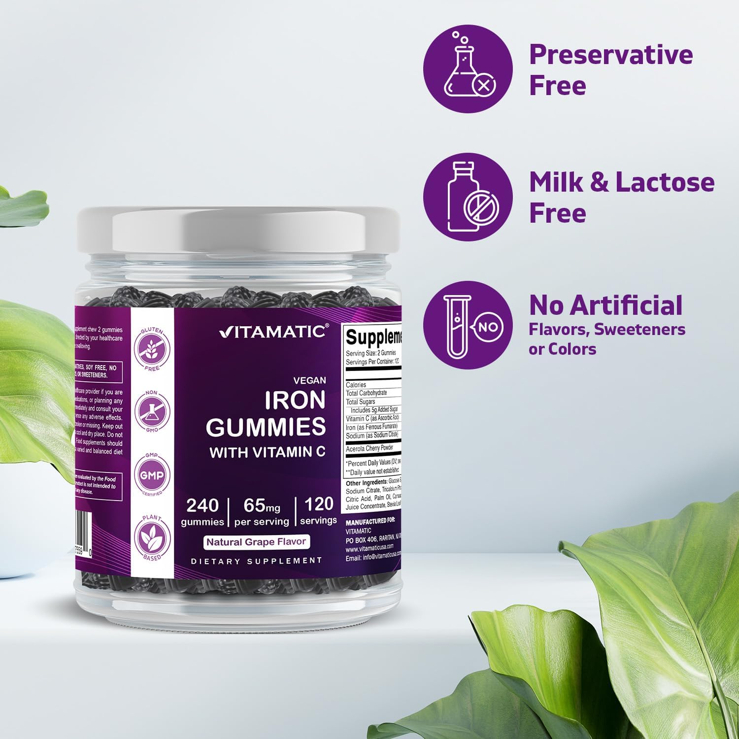 Vitamatic Iron 65 Mg Gummies Supplement for Women & Men - 240 Vegan Gummies - Great Tasting Iron Gummy Vitamins with Vitamin C