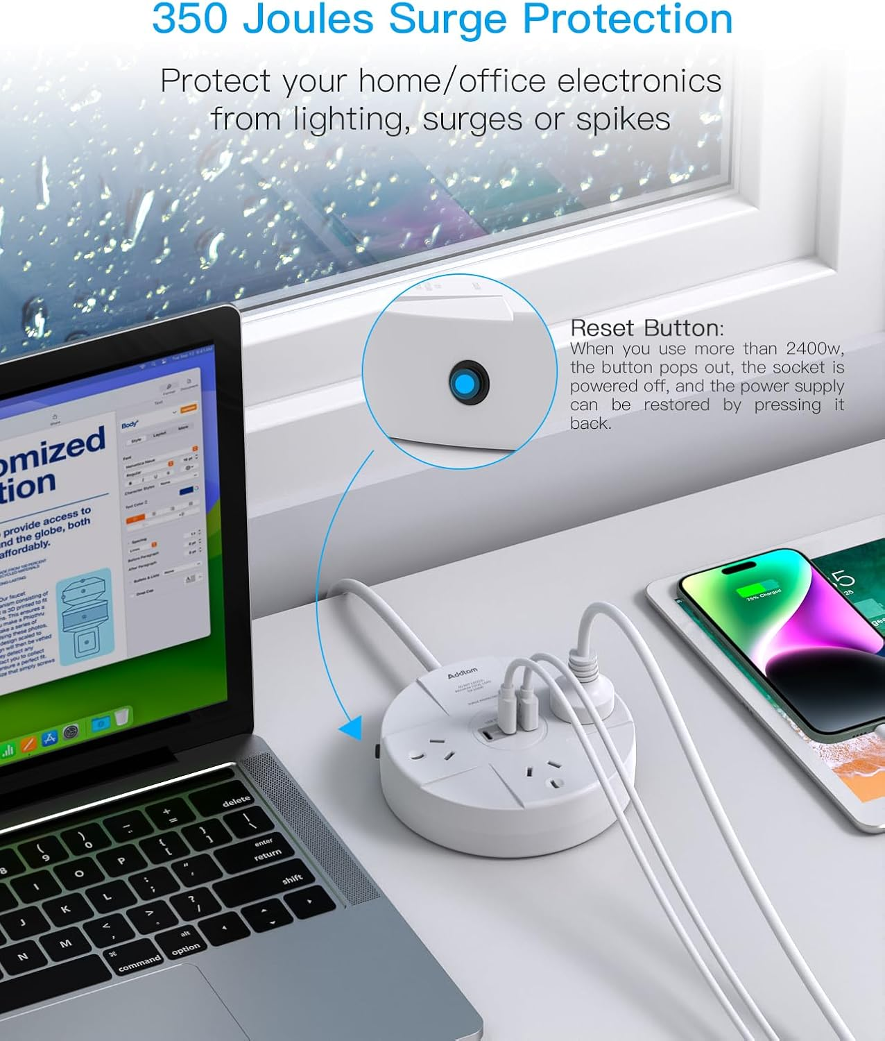 Power Board, Power Strip with 3 AC Outlets and 3 USB(2 USB C and 1 USB A),350J Surge Protection Powerboard, Small Desktop Charging Station with 1.2M Extension Cord for Travel, Home,Office Accessories image number 6