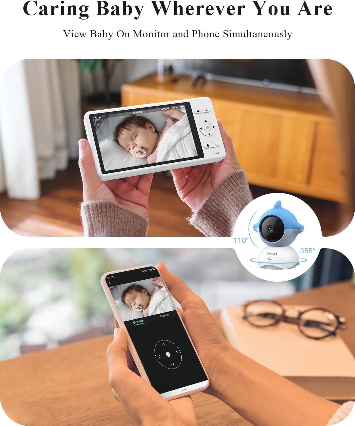 WUUK Video Baby Monitor, 5.5'' Baby Monitor with 360 PTZ Color Display, 135&deg; Wider Viewing Angle, Night Vision, 1000Ft Long Range, 2K Baby Camera with App, One-Touch Call, Lullabies (Blue) image number 6