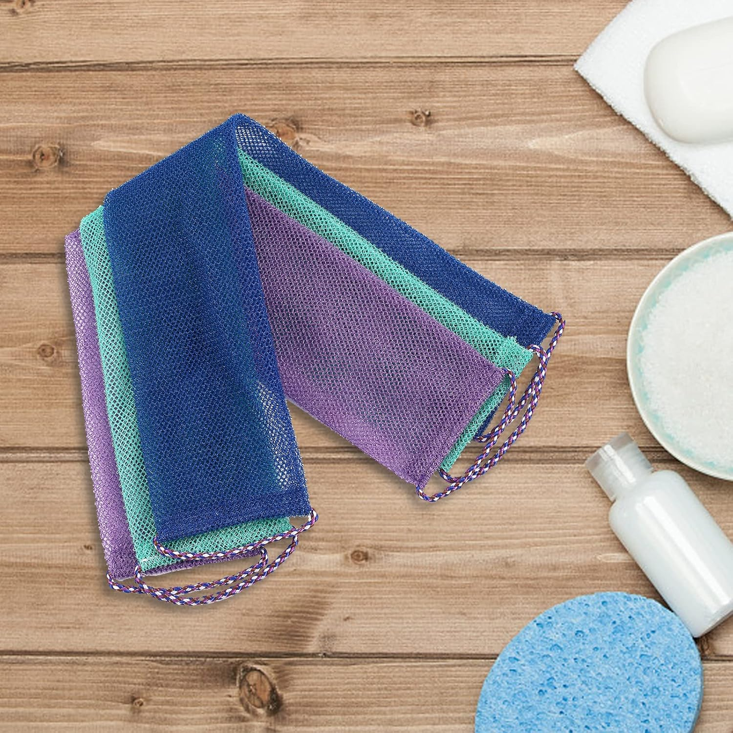 3 Pcs African Net Sponge African Exfoliating Net Long African Bath Sponge Washcloth Shower Net African Body Scrubber Net for Skin Smoother Daily Use(Purple+Blue+Lake Green) image number 5