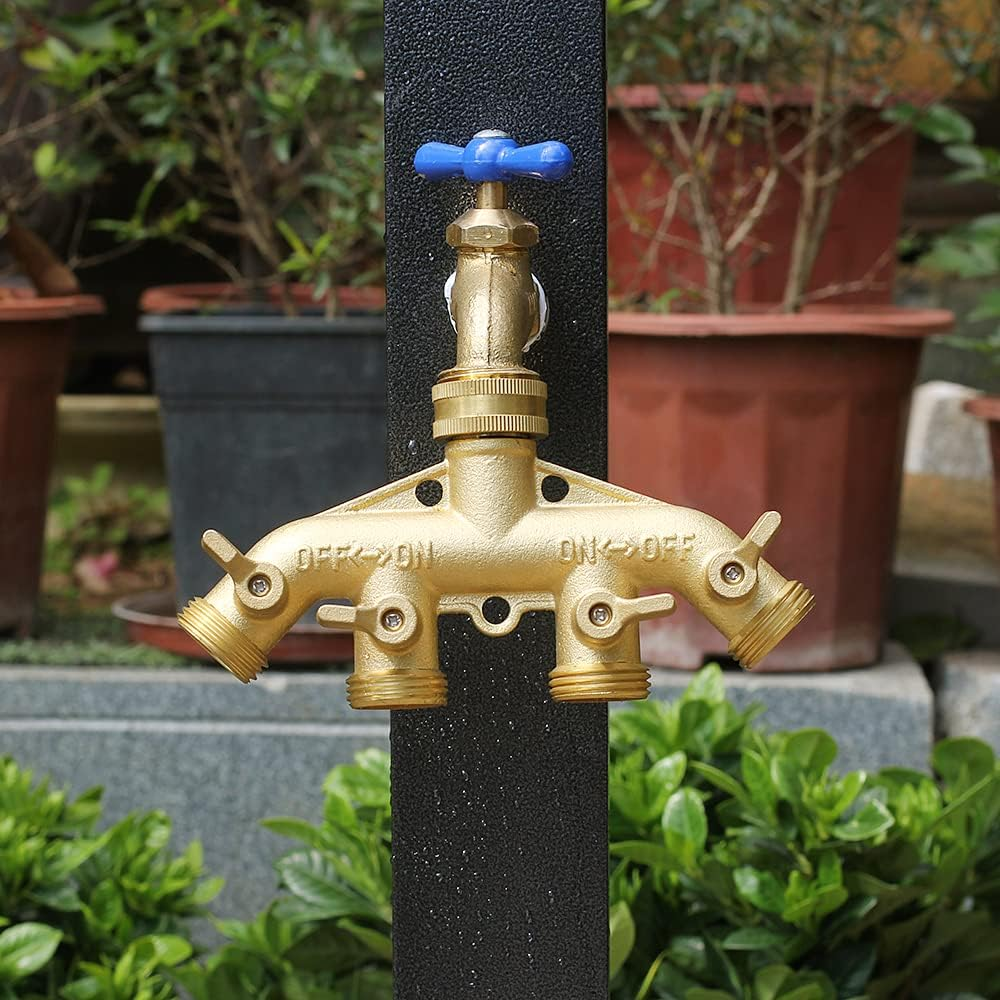 YELUN Garden Hose Splitter Heavy Duty Brass Connector, Garden Faucet Splitter for Outdoor Faucet Hose Bib Splitter, Adapter with Comfortable Grip Shut off Valves (4 Way Splitter) image number 5