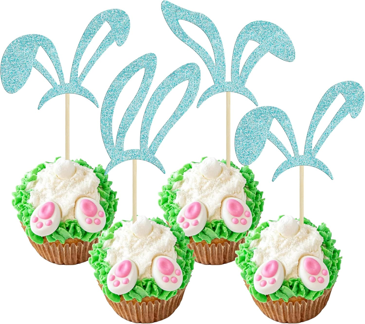 24Pcs Happy Easter Cupcake Toppers Glitter Cute Bunny Cake Decorations Bunny Rabbit Cupcake Picks for Easter Spring Theme Babyshower Kids Birthday Party Supplies