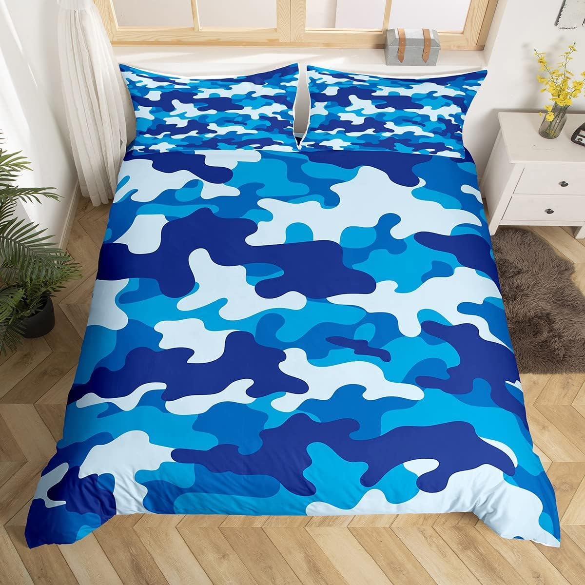 Manfei Navy Blue Camouflage Boys Duvet Cover Set S Size, Modern Army Camo Bedding Set Children Teens Adults White Blue Camo Comforter Cover Outdoor Sports Style Quilt Cover, 1 Pillowcase image number 1