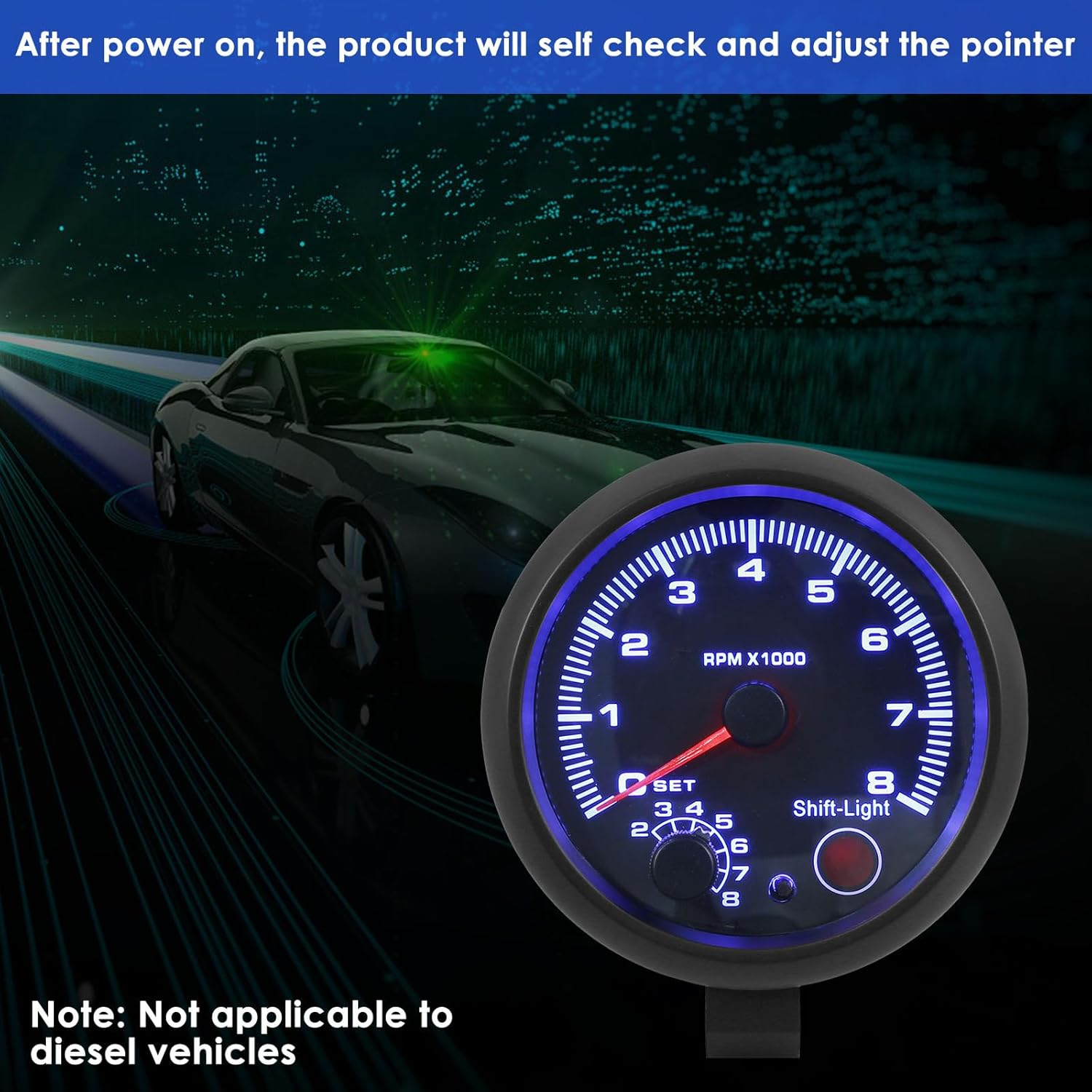 Car Tachometer Gauge Universal Car RPM Tachometer Gauge 3.75In Automobile Tachometer Adjustable Blue Inter Shift Light 0-8000RPM with Install Accessories for 12V Petrol Cars 1-2 Cylinder Motorbike image number 2