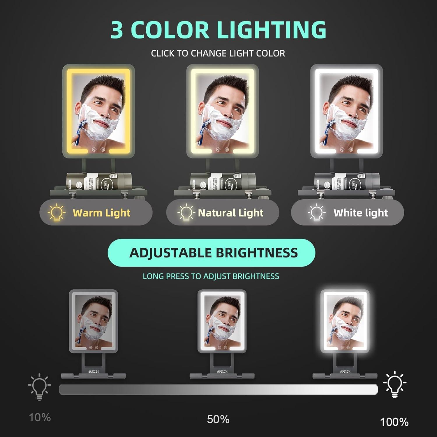 Bgick Lighted Anti-Fog Shower Mirror for Shaving - 3 Color Modes Dimming Fogless with Light, 360&deg;Rotation, Rechargeable Shower Mirror with Storage Tray & Razor Holders & Shaving Brush Holders (Grey) image number 1