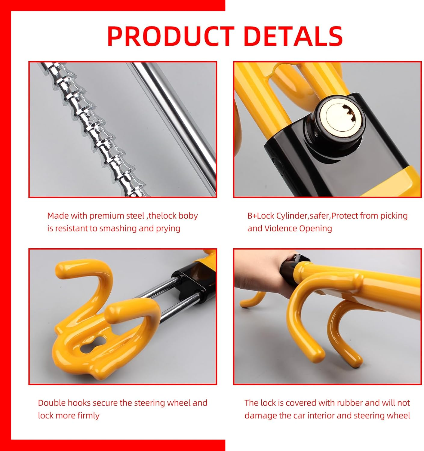 NOEAIKE Steering Wheel Lock,Heavy Duty Anti-Theft Car Device with Double Hooks Design for Enhanced Vehicle Protection,Adjustable Length Locking with 2 Keys Universal Fit (Yellow) - Black image number 5