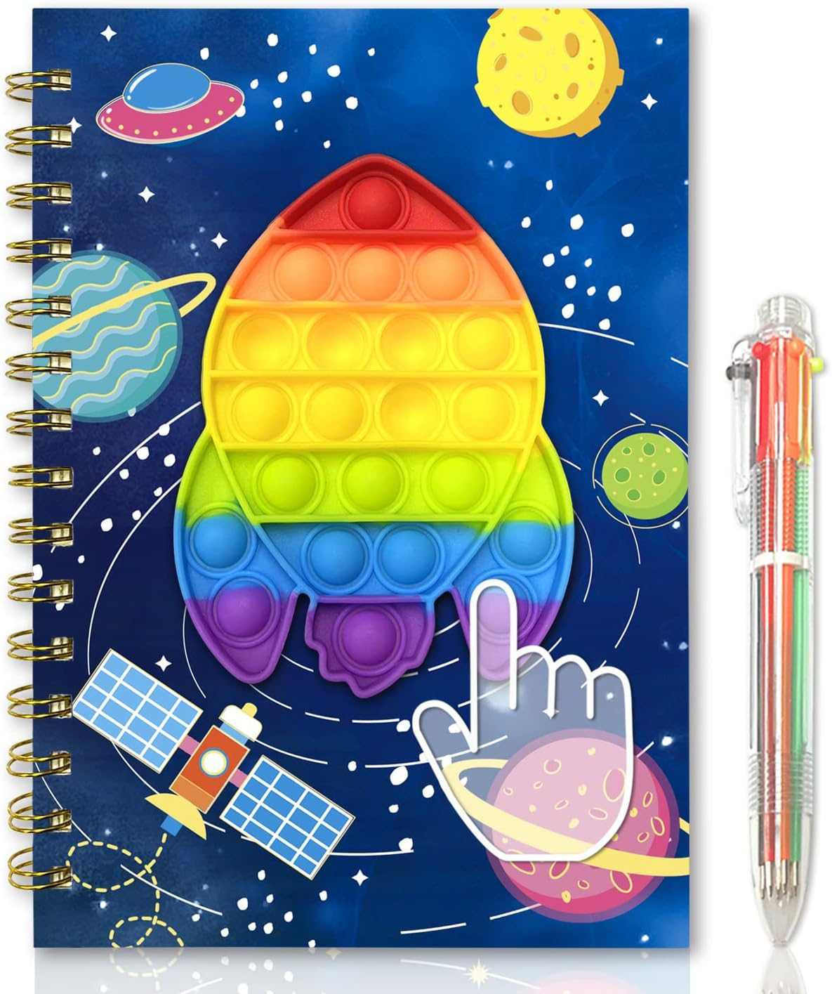 Spiral Notebook for Kids with Pen, 21X14.5Cm 160 Lined Pages Spacecraft Pop Notebook for Boys Diary with 6 Multi-Colored Pen Fidget Cute Teenager Journal for Kids Boy Gifts 6 7 8 9 10 Years Old