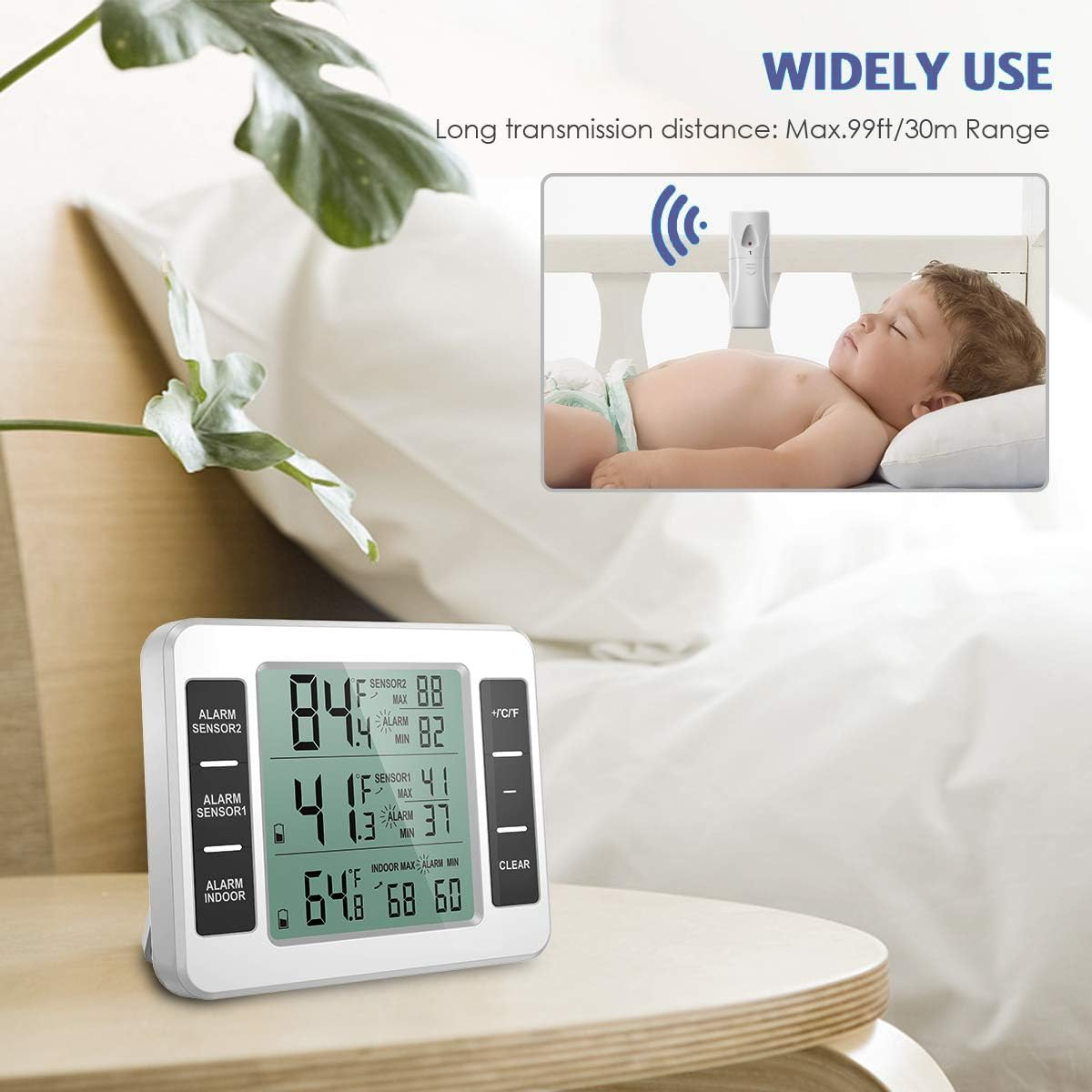 ​​Refrigerator Digital Thermometer Hygrometer, Fridge Thermometer with 2 Sensors, Temperature Alarm, Min/Max, Temperature Trend Display, Indoor Room Thermometers for Home, Restaurant, Bar image number 1