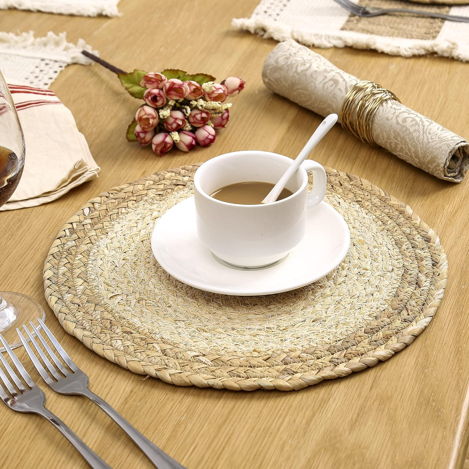 Handmade Boho Placemats Set of 6 - Natural Cotton Burlap and Water Straw Woven Combination Table Mats, Macrame D&eacute;cor and Farmhouse Style Placemats, for Dining Table Kitchen image number 5
