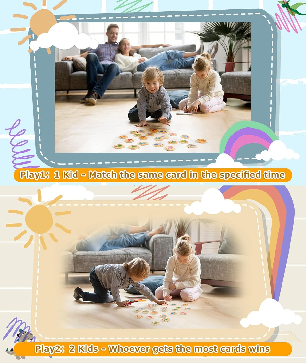 Wooden Match Memory Game for Kids, 24Pc Memory Matching Cards with 5Pc Tattoo Stickers, Educational Memory Matching Game for Pre-Kindergarten Early Learning Development Girls and Boys-Dinosaur image number 2