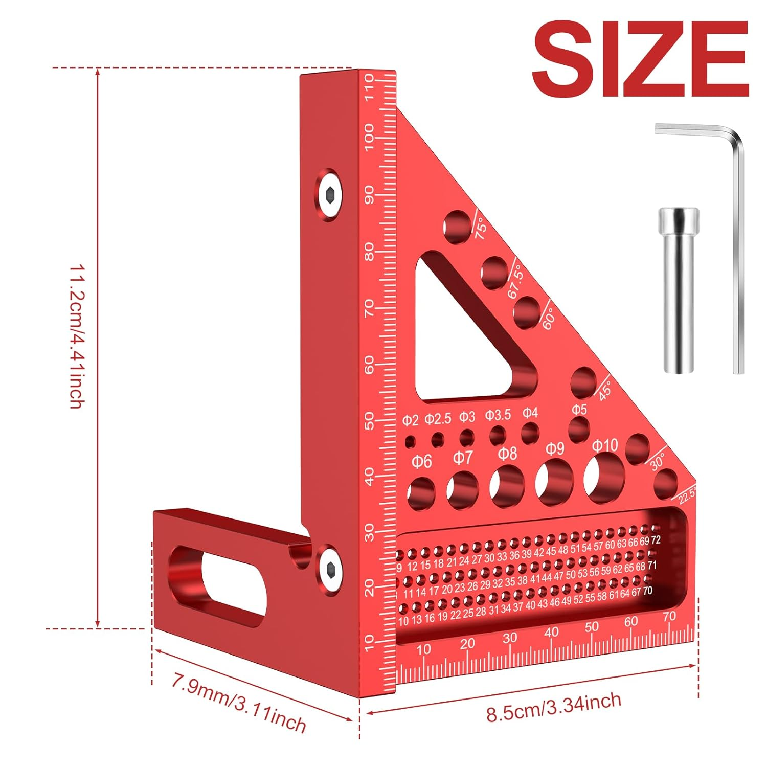 Metric 3D Multi-Angle Measuring Ruler, 22.5&deg;-90&deg; Degree Aluminum Alloy Woodworking Square Protractor, Miter Triangle Ruler High Precision Layout Measuring Tool for Engineer Carpenter (Red) image number 1