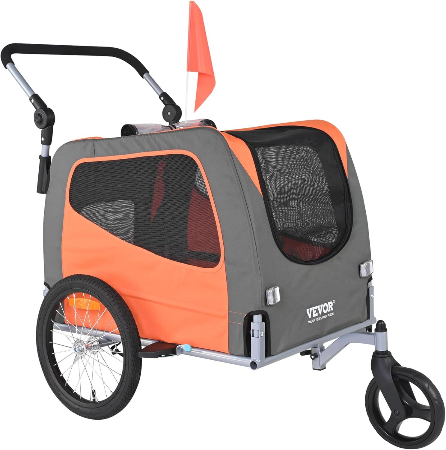 VEVOR Dog Bike Trailer, Supports up to 66/88/100 Lbs, 2-In-1 Pet Stroller Cart Bicycle Carrier, Easy Folding Cart Frame with Quick Release Wheels, Universal Bicycle Coupler, Reflectors, Flag image number 5