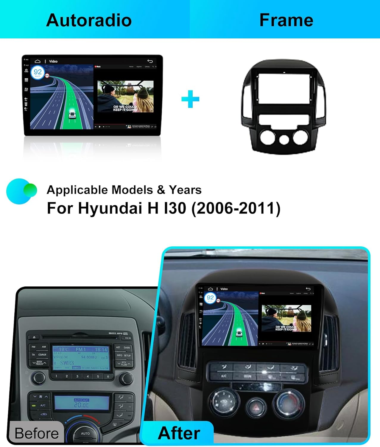 [6G+128G] - Android 14 IPS Car Stereo for Hyundai I30 (2006-2011) - Wireless Carplay/Android Auto - Camera & MIC - 9 Inch 2 Din - DSP Steering Wheel Dual Band Wifi DAB Fast-Boot 360-CAM image number 4