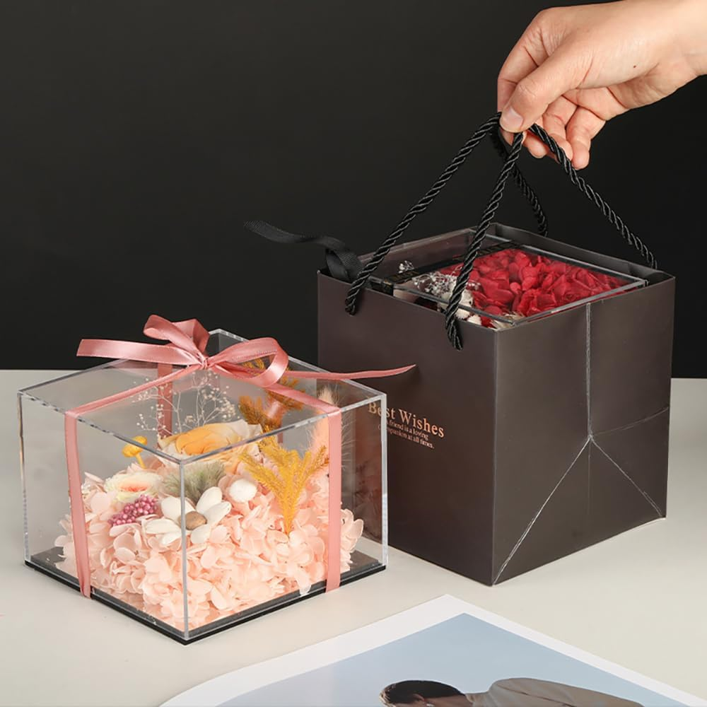 FIZOZI Eternal Rose Acrylic Cube - 15Cm Preserved Floral Women | Anniversary, Birthday, Valentine'S Day | 5 Colors (Red/Pink/Blue/Purple/Yellow) with Gift Box - Pink image number 4
