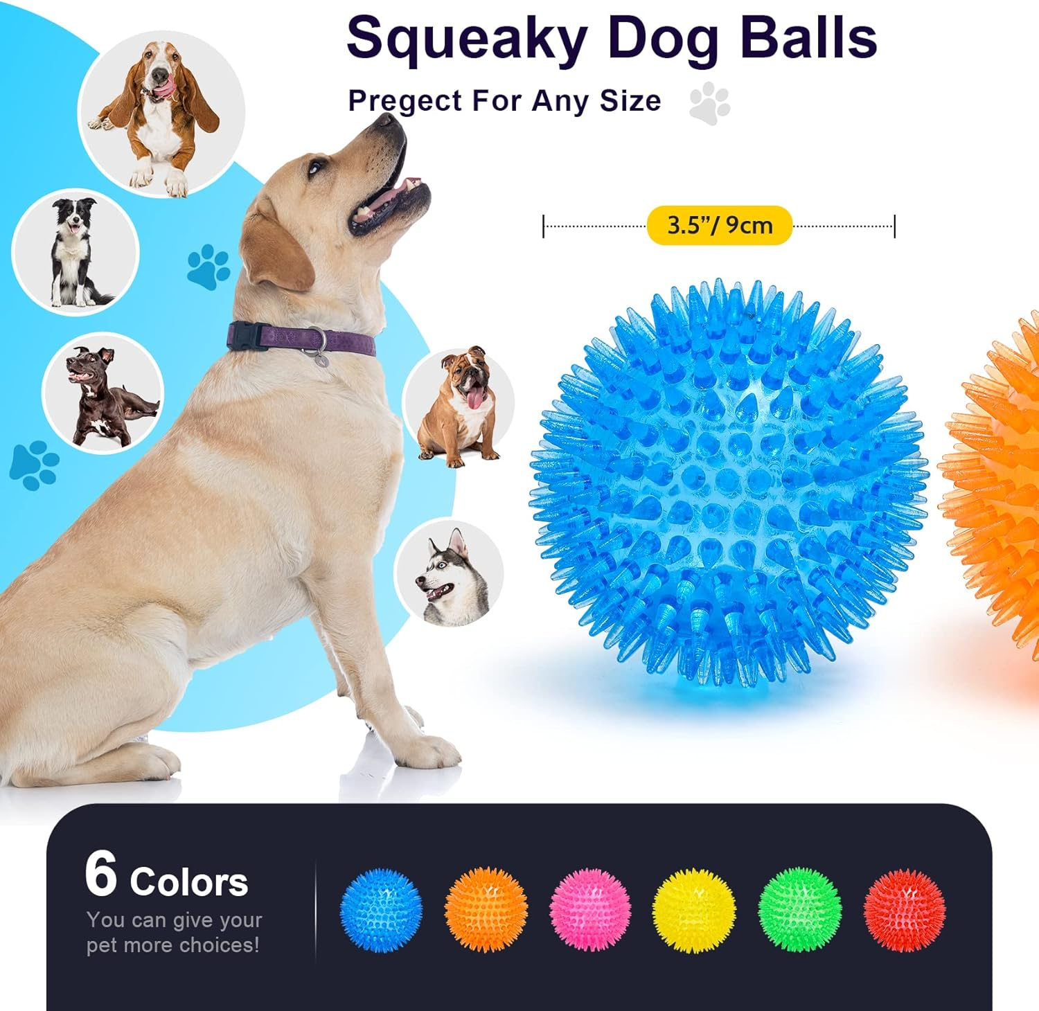 VITEVER 3.5&rdquo; Squeaky Dog Toy Balls (6 Colors) Puppy Chew Toys for Teething, BPA Free Non-Toxic, Spikey Dog Balls for Medium, Large & Small Dogs, Durable Toys for Aggressive Chewers