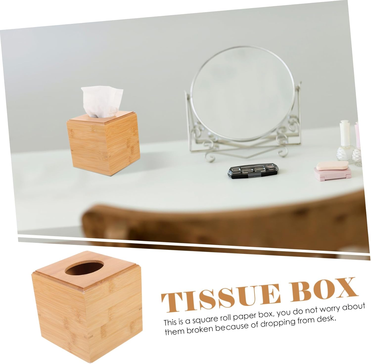 MAGICLULU Wooden Square Roll Paper Tissue Box Holder Sliding Base, Desktop Tissue Storage Dispenser for Living Room and Bathroom image number 1