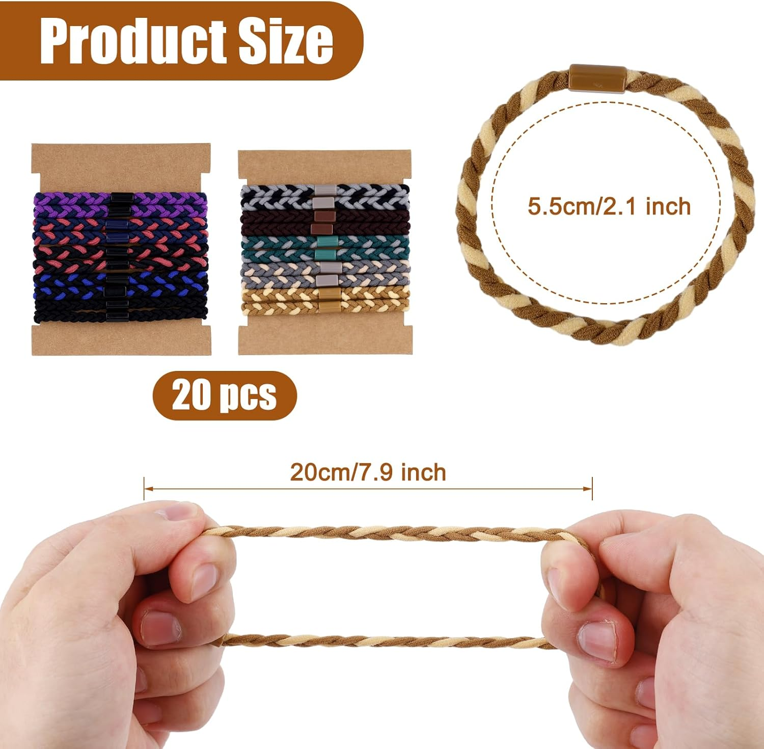 20Pcs Hair Bows for Women Men, Elastic Hair Bands Soft Ponytail Holders for Thick Hair Braided Hair Bows No Damage Pleat Hair Accessories (10 Colors) image number 2